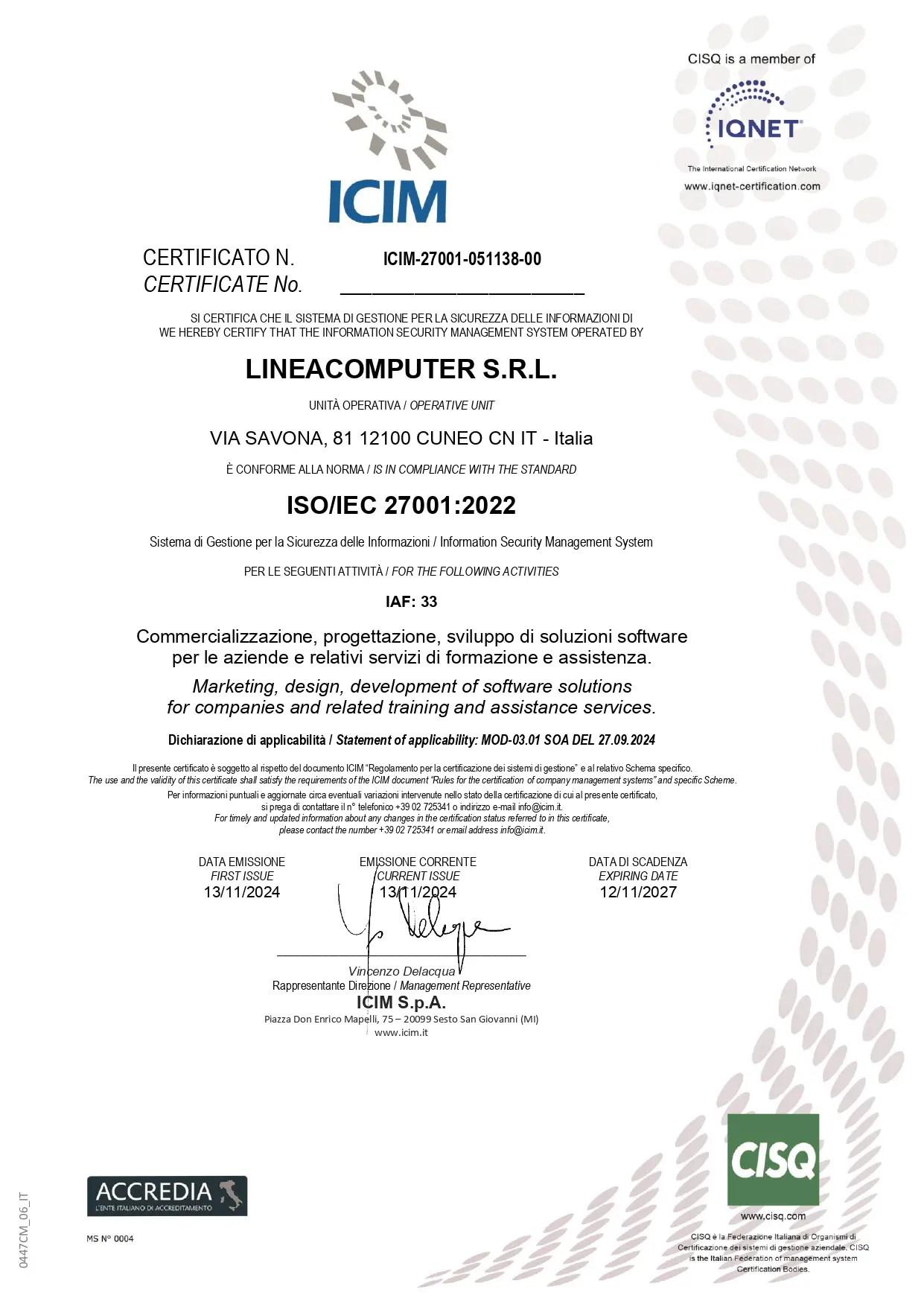 Scarica certificato ISO/IEC 27001